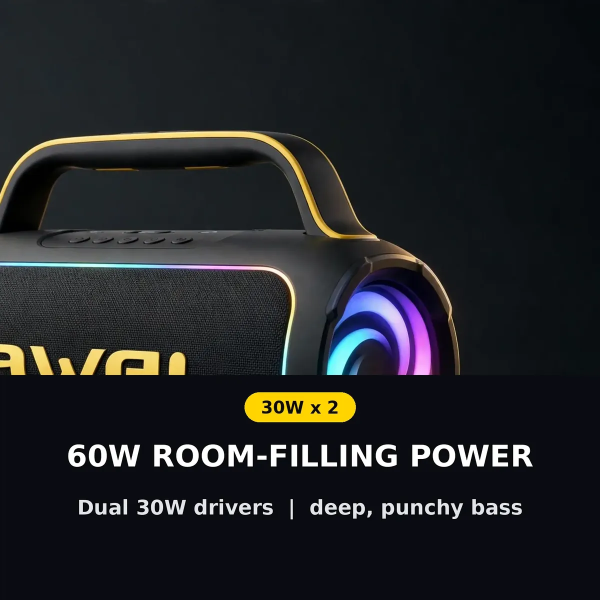 Awei KA16 power card showing 60W room-filling power with dual 30W drivers and deep punchy bass