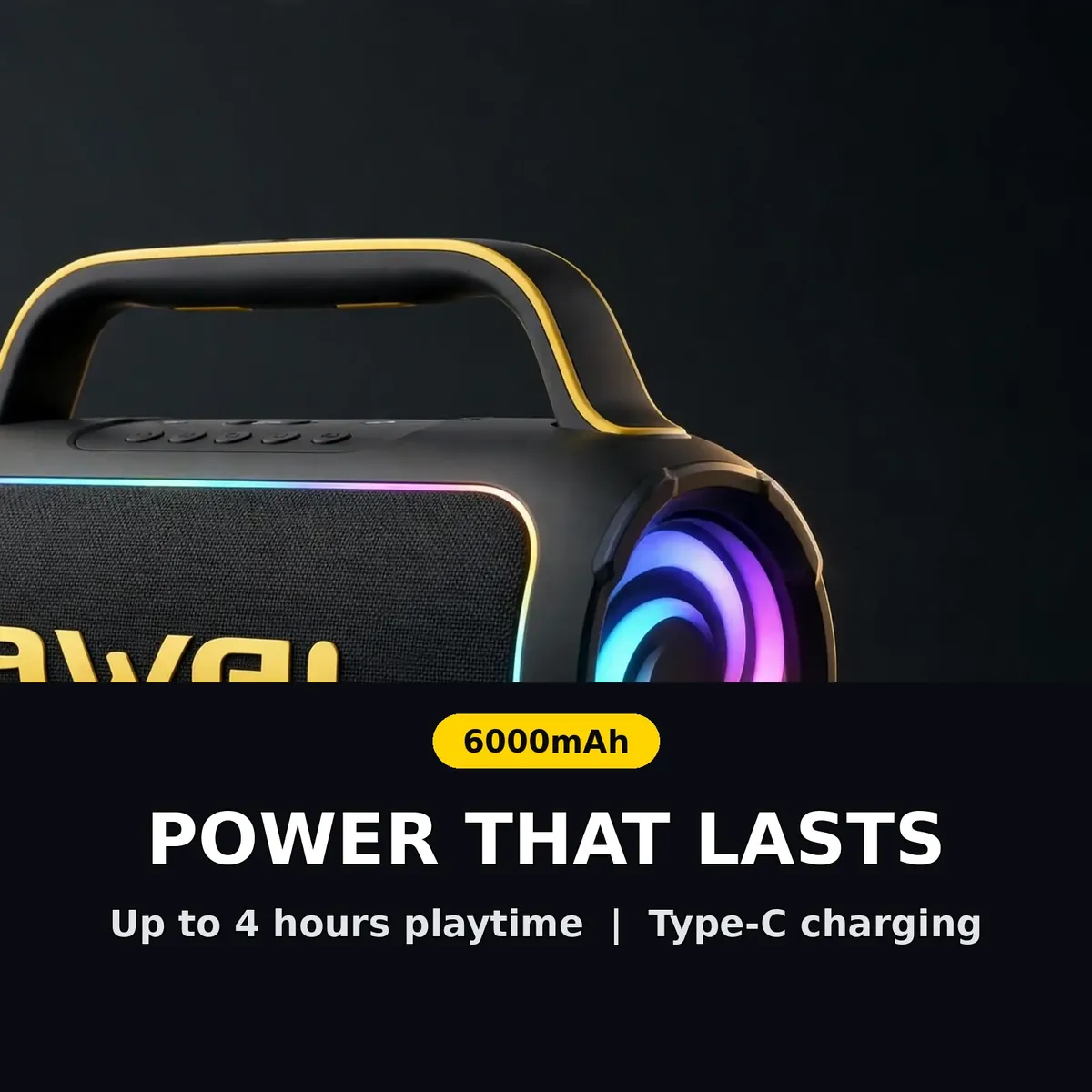 Awei KA16 battery card showing 6000mAh battery with up to 4 hours playtime and Type-C charging