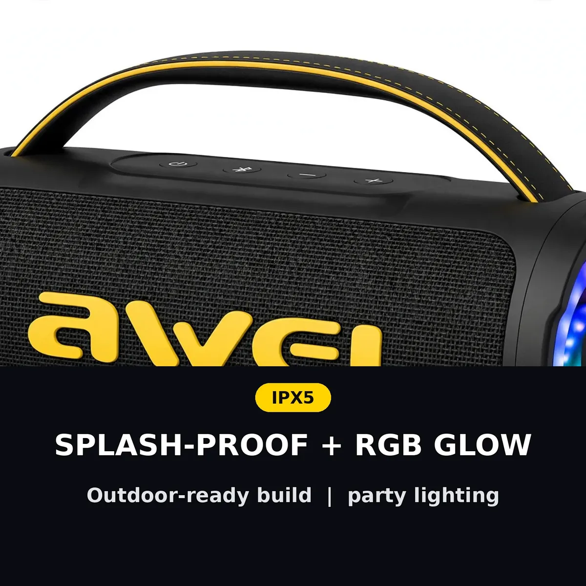 Awei KA16 splash-proof card showing IPX5 rating with RGB glow and outdoor-ready build