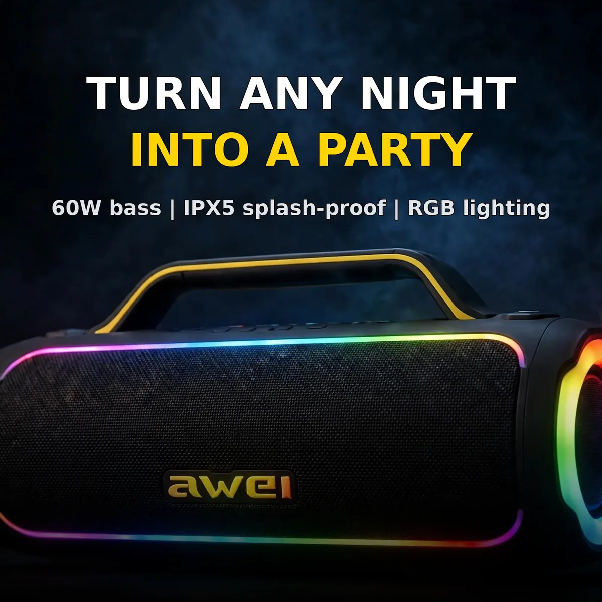Awei KA16 party promo card showing RGB lighting glow with 60W bass, IPX5 splash-proof and RGB lighting