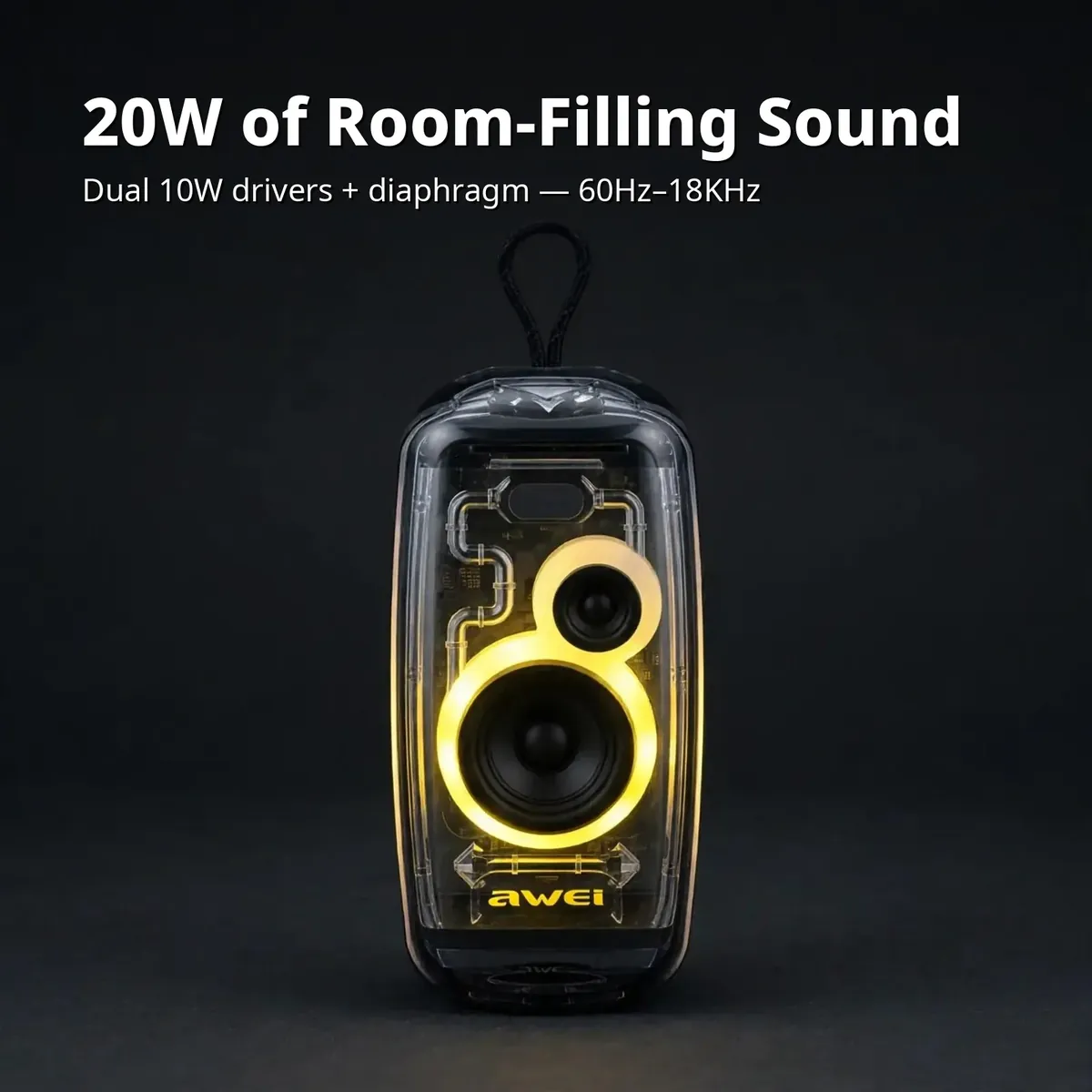 Awei KA32 power card showing 20W of room-filling sound from dual 10W drivers plus diaphragm, 60Hz to 18KHz