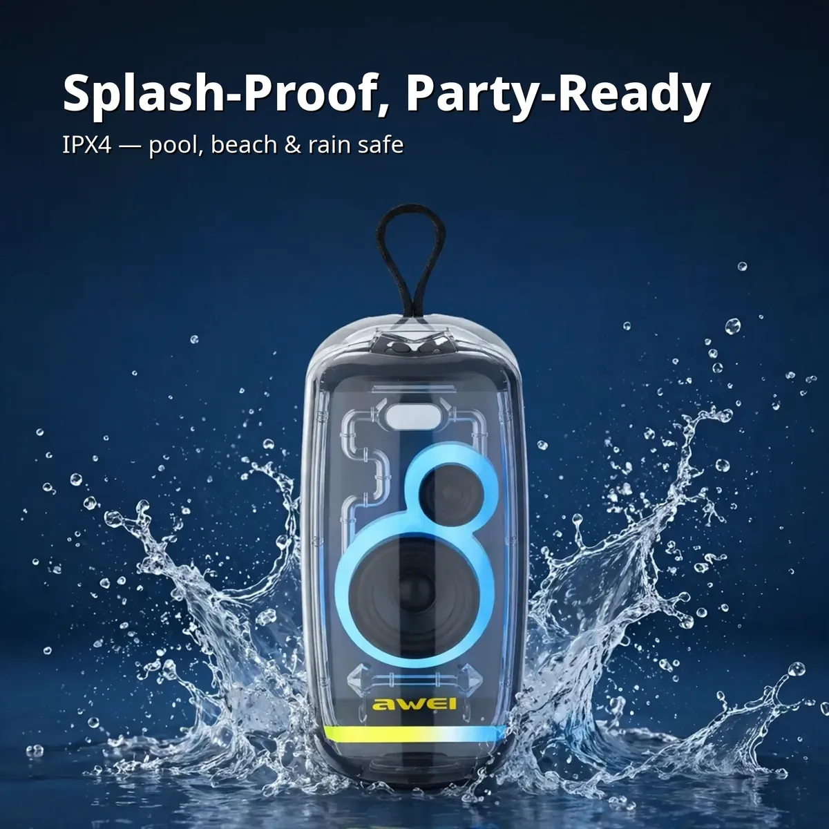Awei KA32 splash-proof card showing the transparent speaker among water splashes, IPX4 pool beach and rain safe