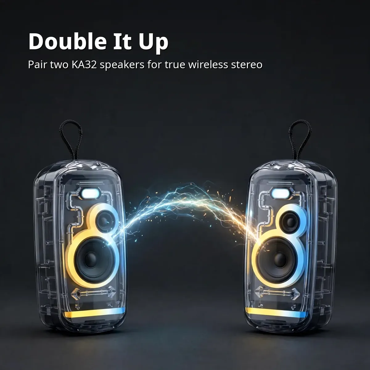 Awei KA32 TWS card showing two transparent KA32 speakers facing each other for true wireless stereo pairing