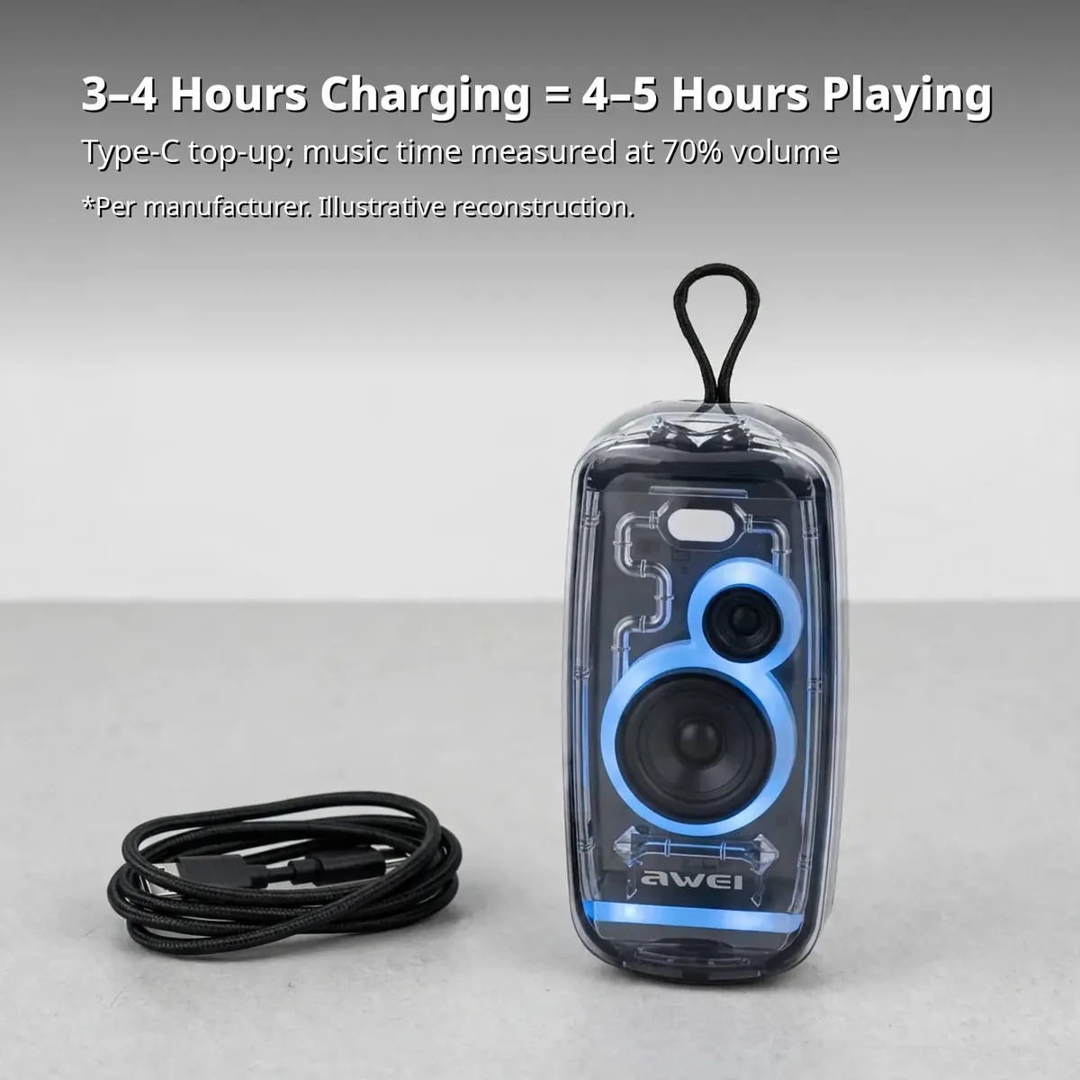 Awei KA32 battery card showing Type-C charging cable with 3 to 4 hours charging equals 4 to 5 hours playing