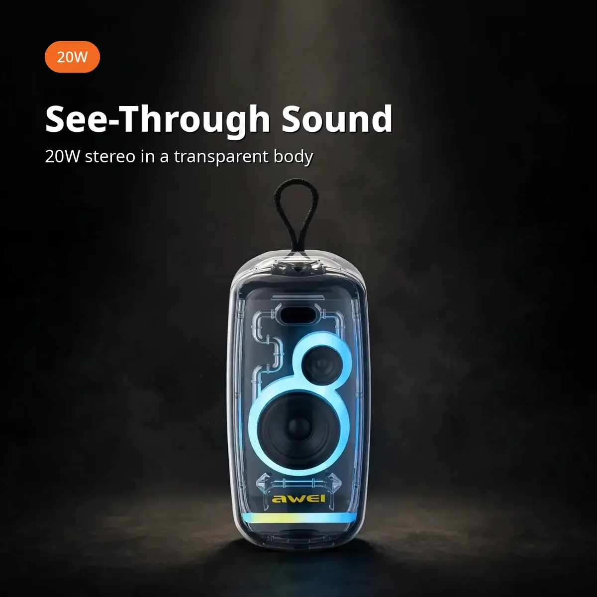 Awei KA32 promo shot of the transparent speaker with glowing LED ring and See-Through Sound badge
