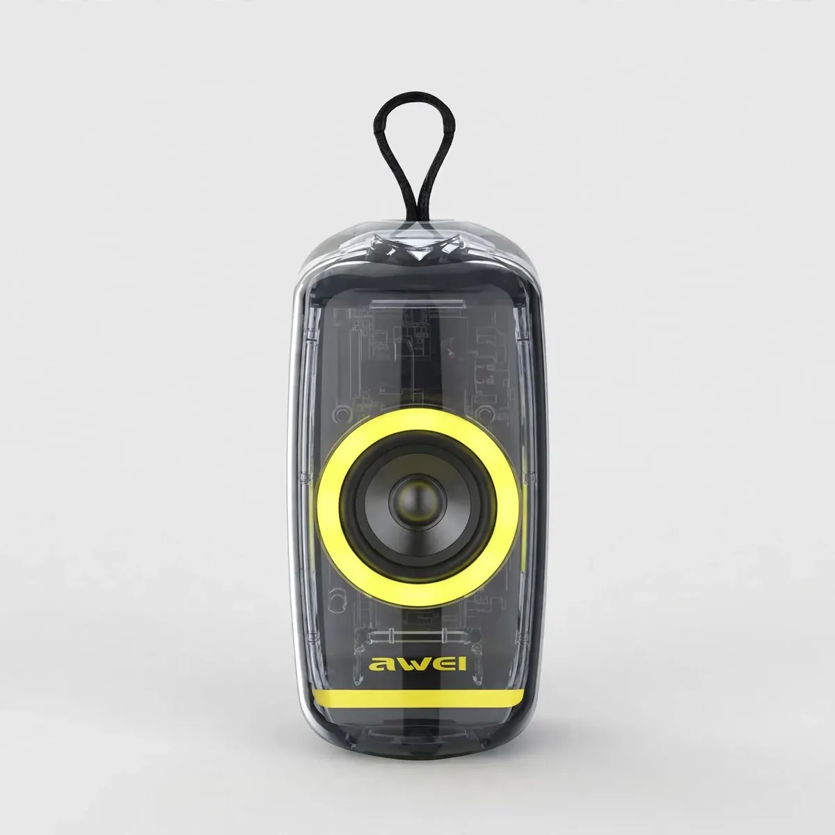 Awei KA32 straight-on studio front view showing the transparent shell, glowing driver ring, and awei logo