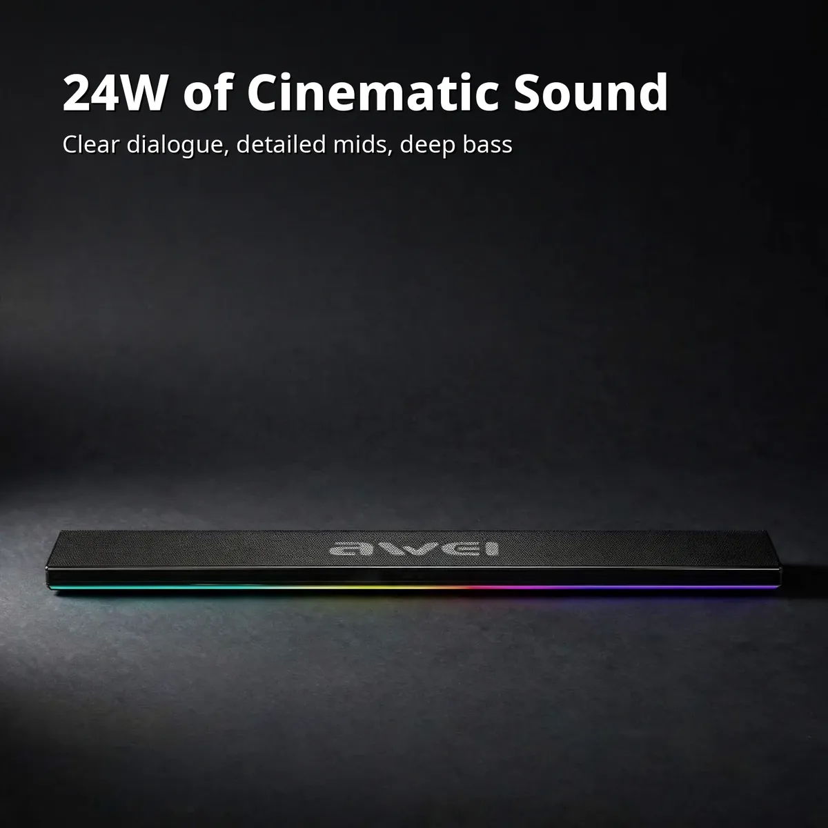 Awei KA50 power card showing the black soundbar with 24W of cinematic sound overlay on dark studio backdrop