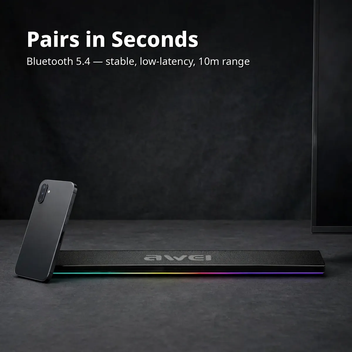 Awei KA50 Bluetooth card showing the soundbar beside a smartphone with Bluetooth 5.4 pairing overlay on dark backdrop