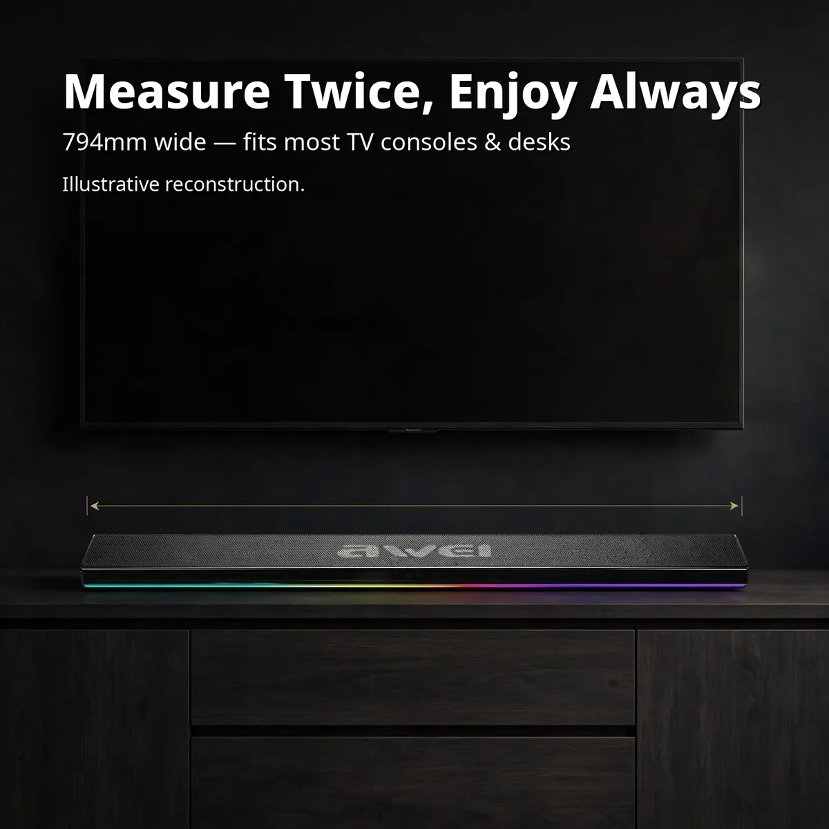Awei KA50 fit guide showing the 794mm-wide soundbar under a TV silhouette with measure-twice overlay