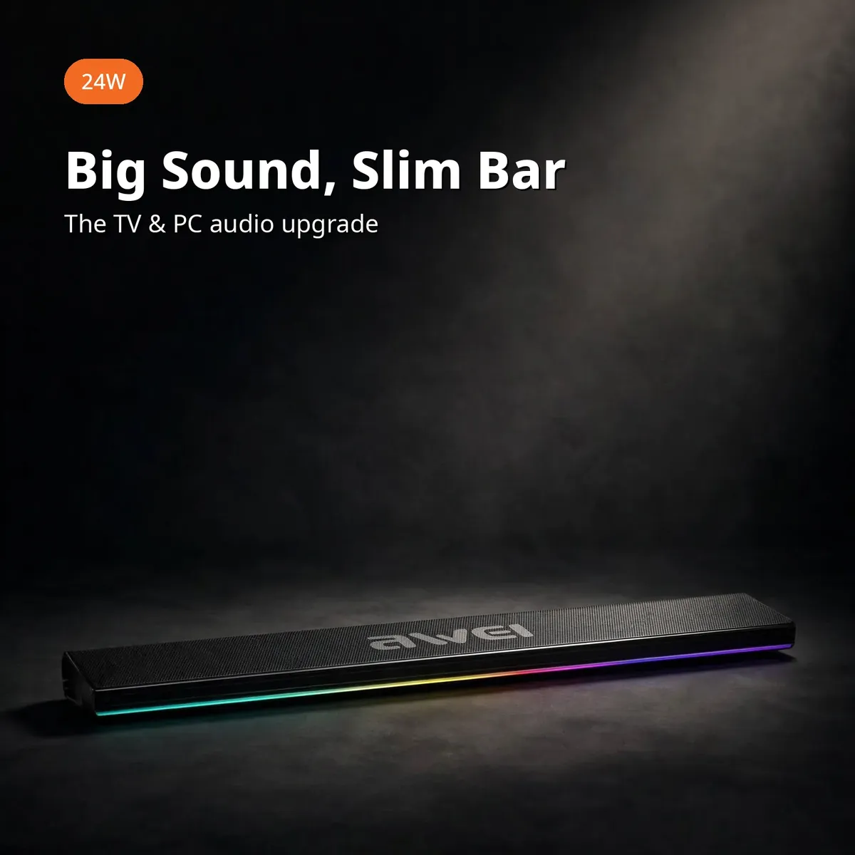 Awei KA50 hero promo card showing the soundbar on a dark backdrop with Big Sound Slim Bar headline and 24W badge