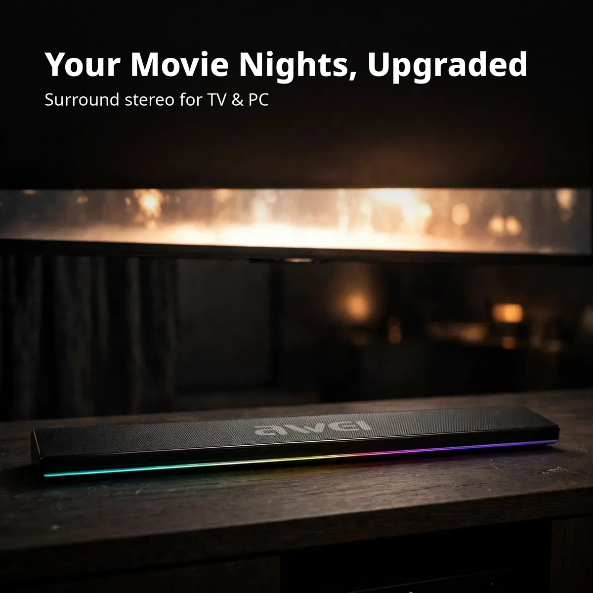 Awei KA50 movie card showing the soundbar below a glowing TV with Your Movie Nights Upgraded headline