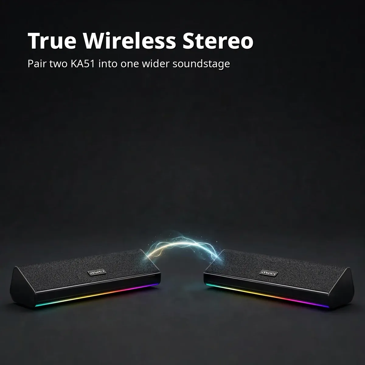 Awei KA51 TWS pairing card showing two black bar speakers linked wirelessly with a glow arc on a dark backdrop
