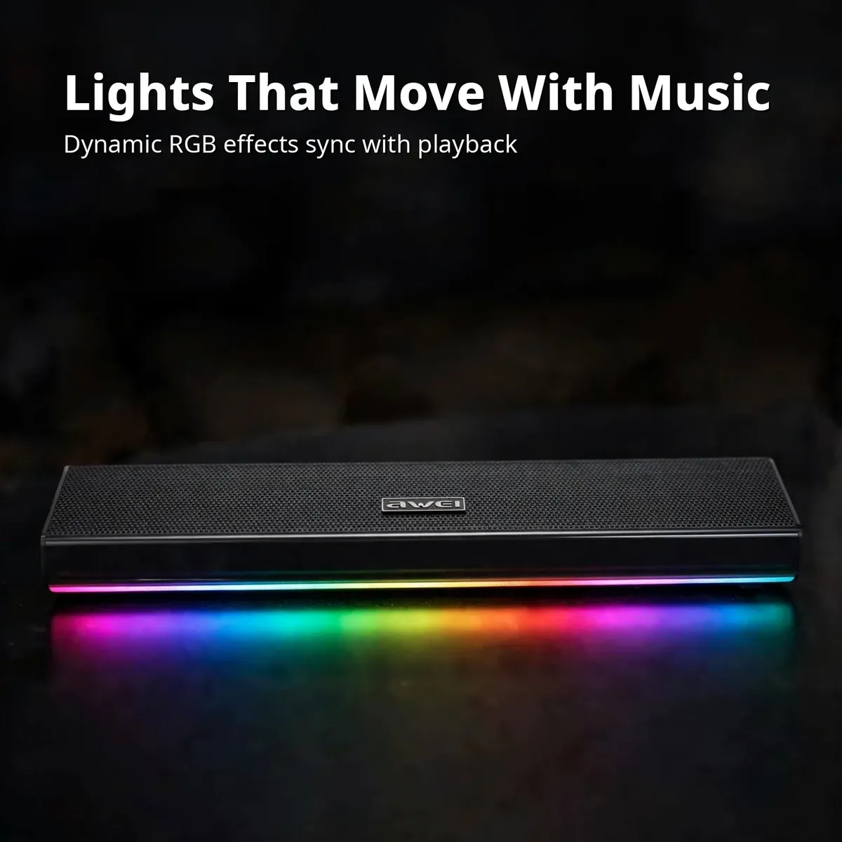 Awei KA51 RGB card showing the bar speaker with a glowing rainbow light strip on a dark studio backdrop