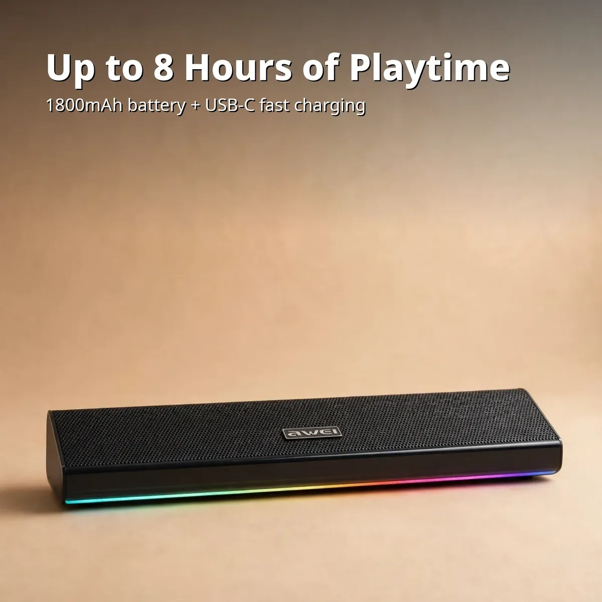 Awei KA51 battery card showing up to 8 hours of playtime with 1800mAh battery and USB-C fast charging on warm studio backdrop