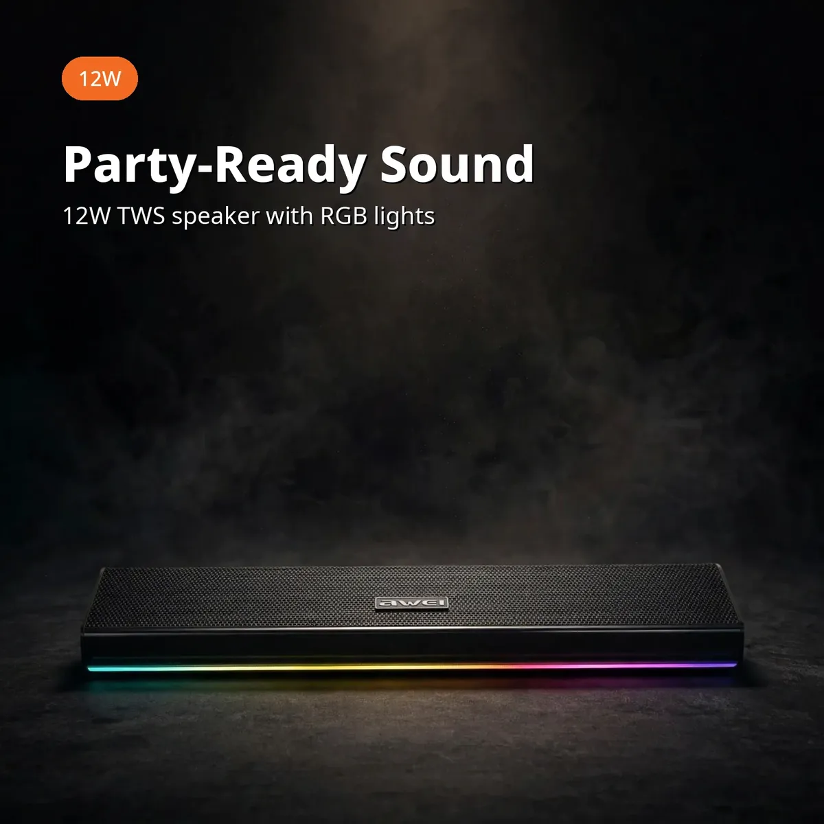 Awei KA51 party-ready hero card showing the black bar speaker with glowing RGB strip on a dark premium backdrop