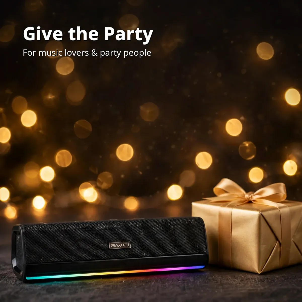 Awei KA51 gift card showing the black speaker with glowing RGB strip beside a gold gift box
