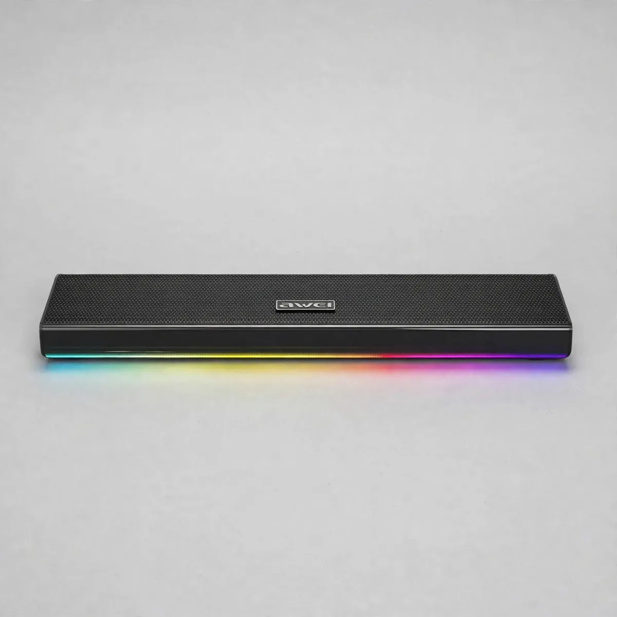 Awei KA51 front view studio photo showing the black fabric-mesh bar speaker with glowing RGB strip