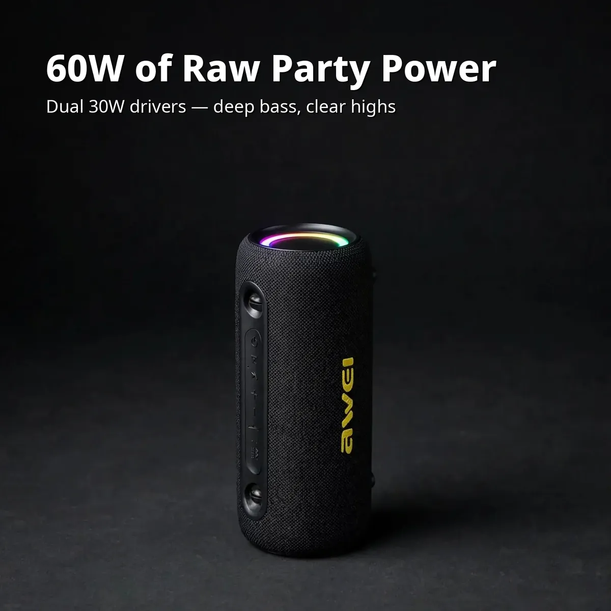 Awei Y1000 power card showing 60W output with dual 30W drivers on dark studio backdrop