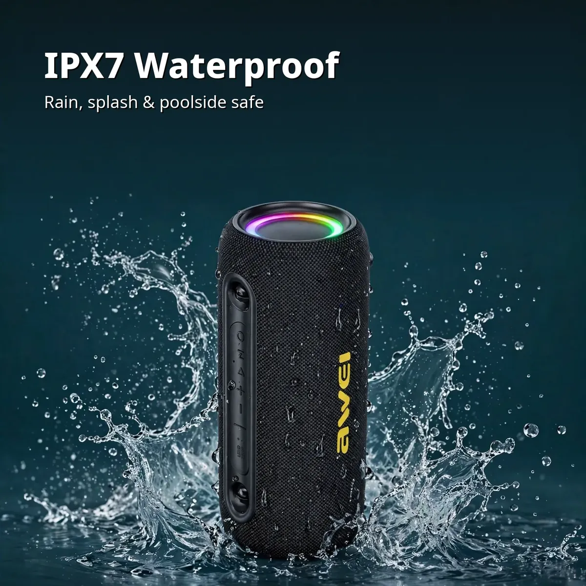 Awei Y1000 waterproof card showing IPX7 rating with water splashes on dark backdrop