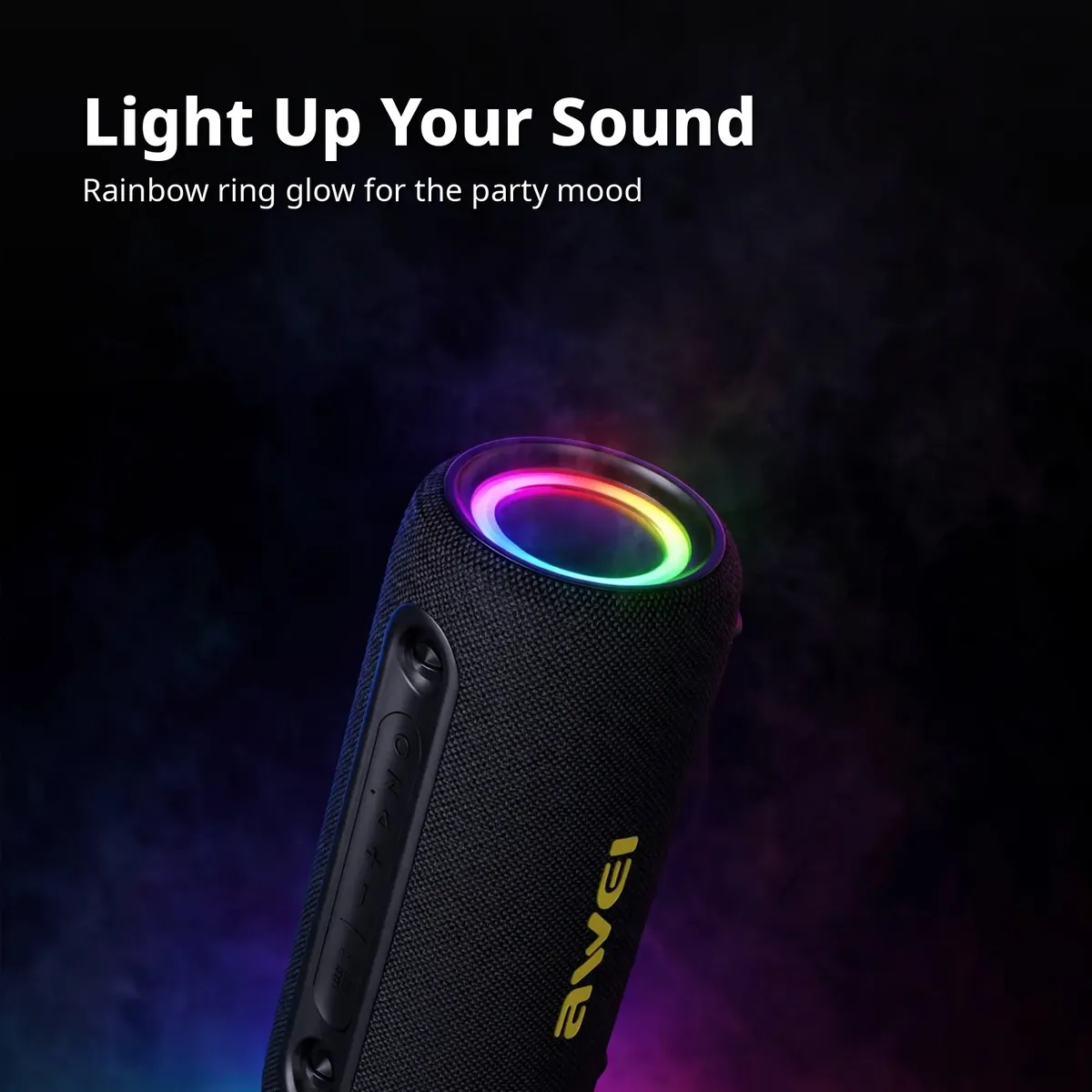 Awei Y1000 RGB card showing the glowing rainbow ring in a dark room