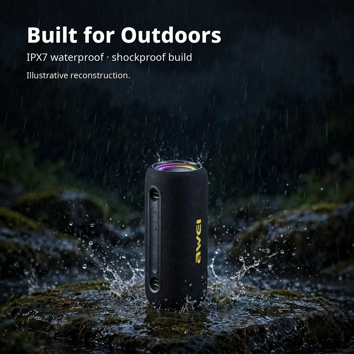 Illustrative outdoor diagram of the Awei Y1000 showing IPX7 waterproof and shockproof build