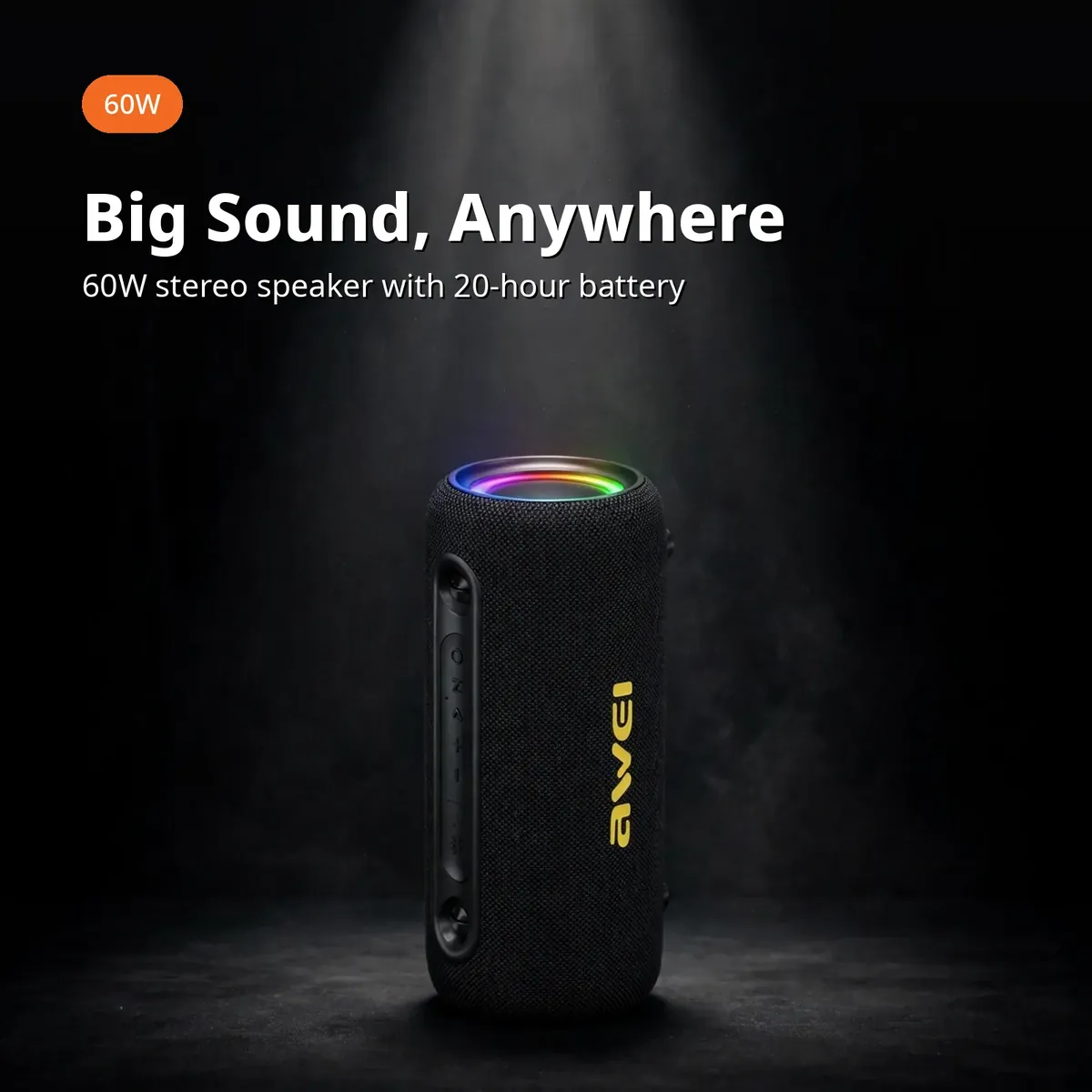 Awei Y1000 promo hero shot on premium dark backdrop with RGB ring glowing and 60W badge
