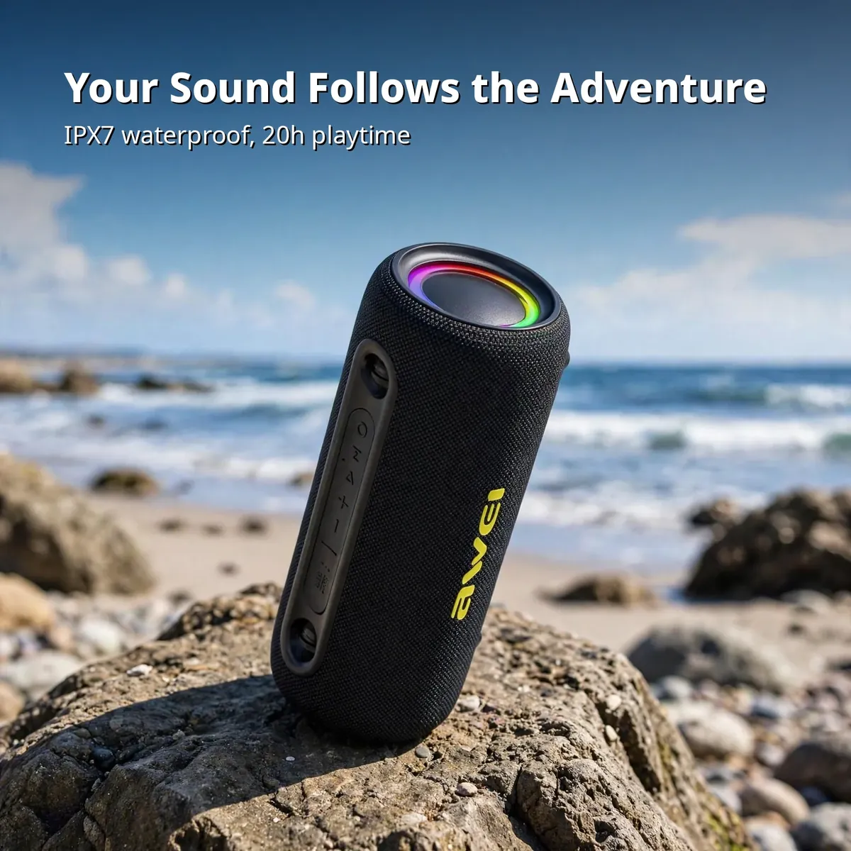 Awei Y1000 outdoor promo at a sunny beach showing IPX7 waterproof and 20-hour playtime