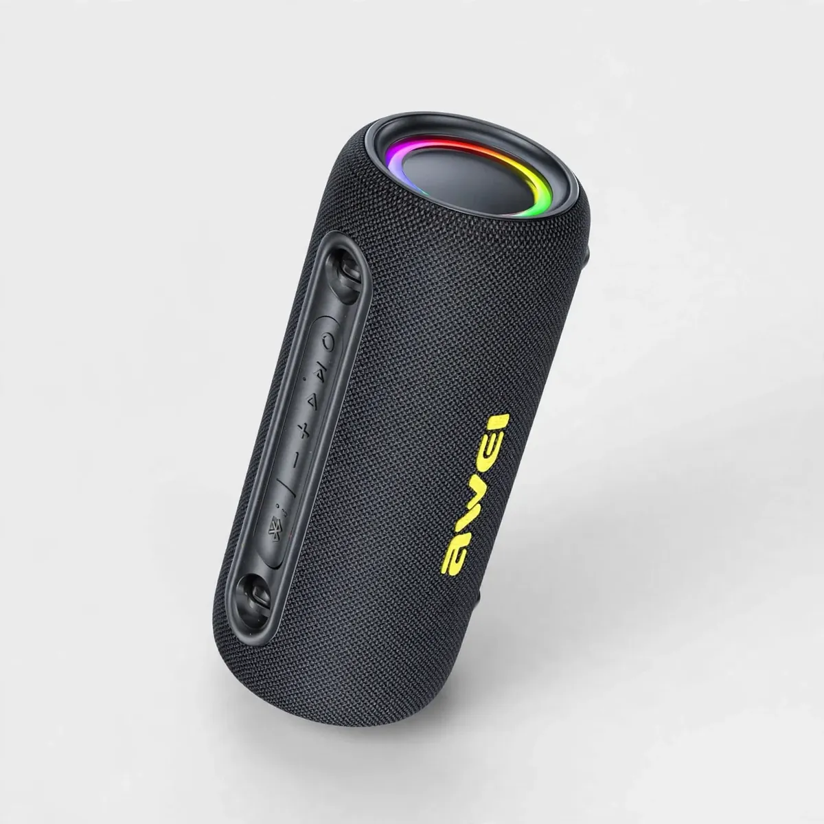 Awei Y1000 front view in clean studio showing the black fabric body and yellow awei logo