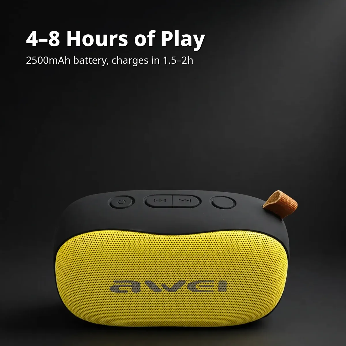 AWEI Y900 battery card showing 2500mAh battery with 4 to 8 hours of playtime