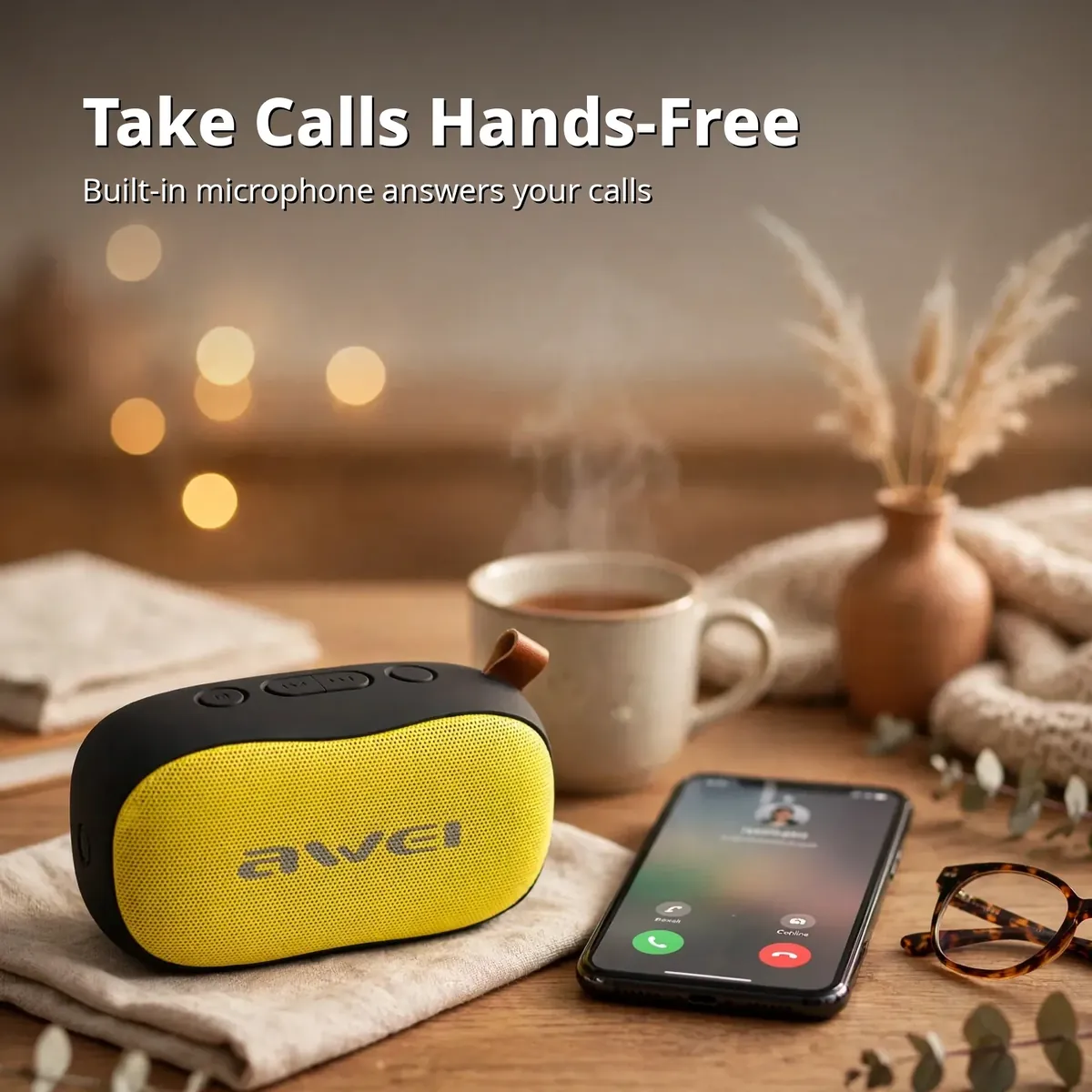 AWEI Y900 calls card showing the speaker with a phone for hands-free calling