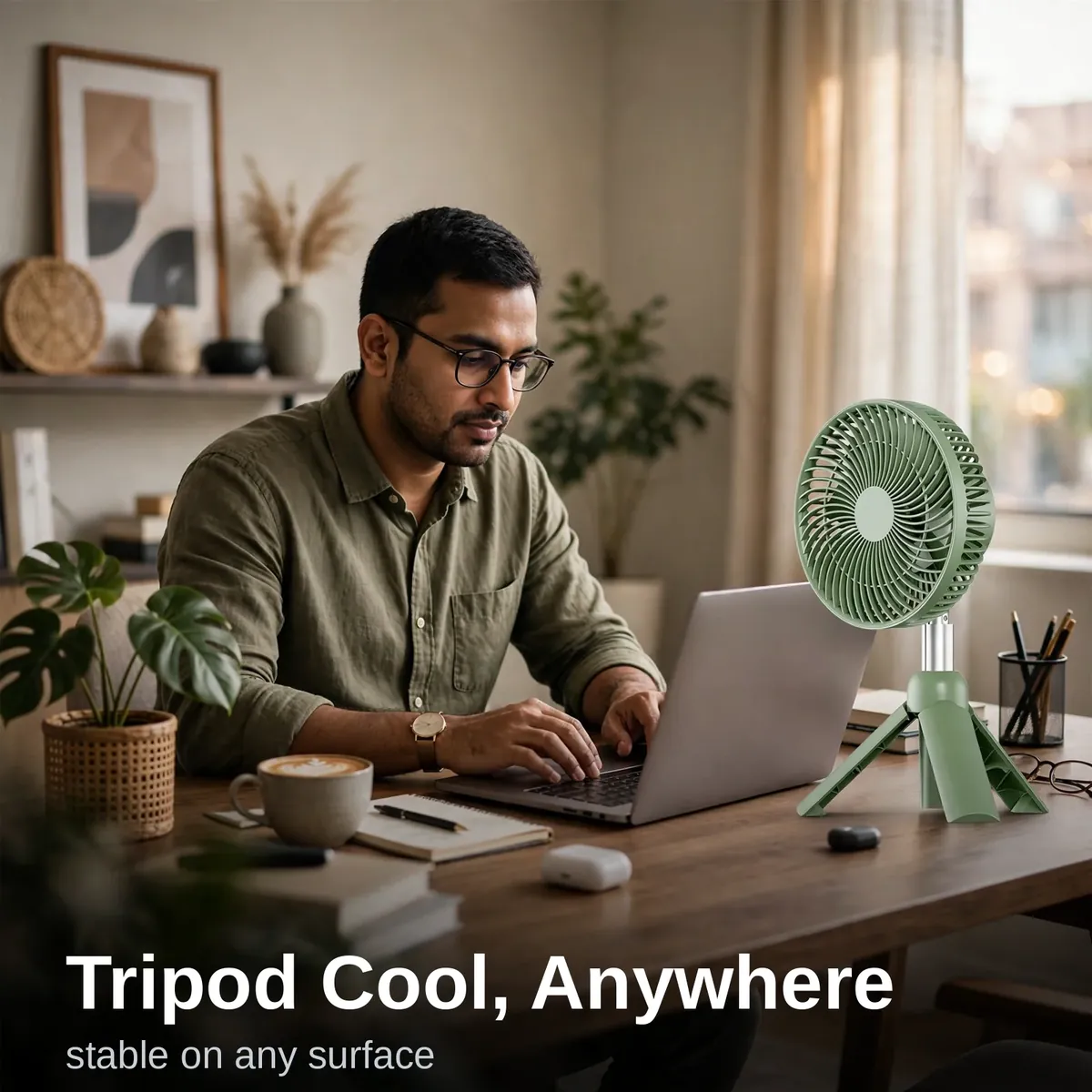 AZEADA PD-F27 tripod fan cooling a home office desk