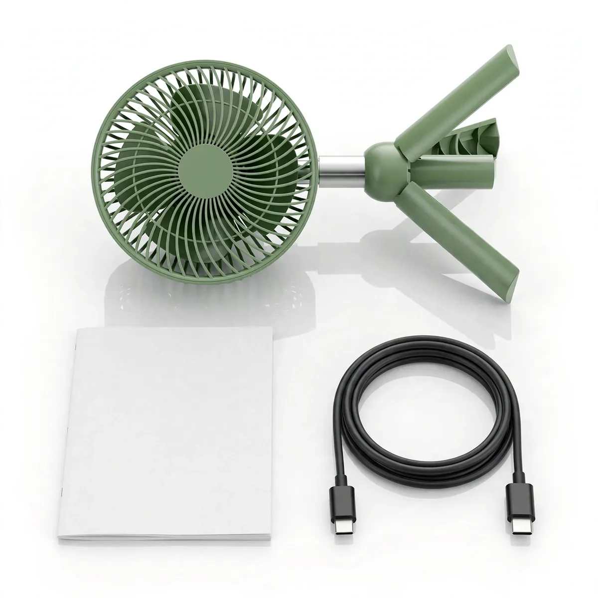 AZEADA PD-F27 box contents: fan, tripod, Type-C cable and manual