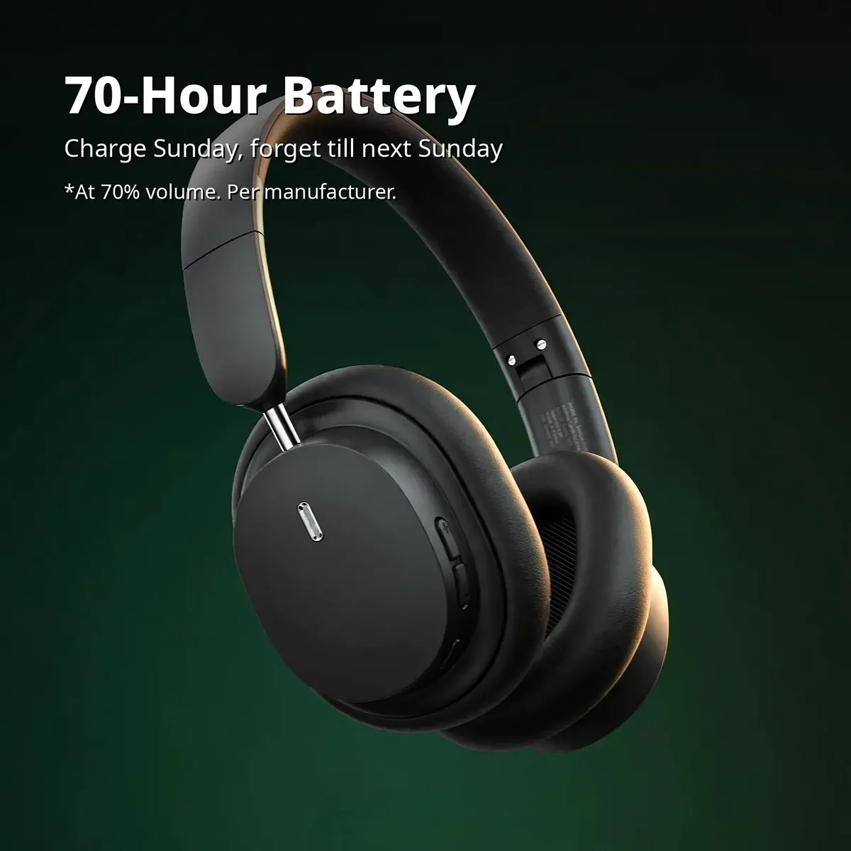 Baseus Bowie D05 battery feature card on a deep green gradient — 70-Hour Battery. Charge Sunday, forget till next Sunday. *70% volume. Per manufacturer.