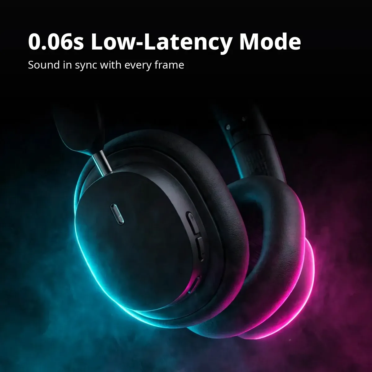 Baseus Bowie D05 low-latency feature card showing an earcup close-up in game light — 0.06s Low-Latency Mode. Sound in sync with every frame.