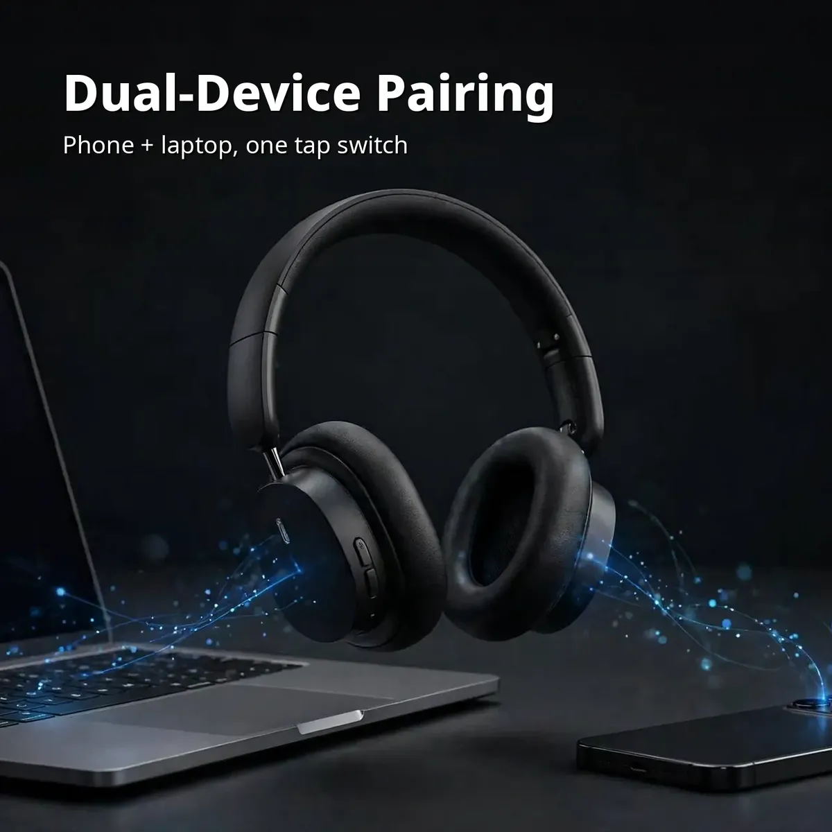 Baseus Bowie D05 dual-device feature card showing the headphone between a laptop and a phone — Dual-Device Pairing. Phone + laptop, one tap switch.