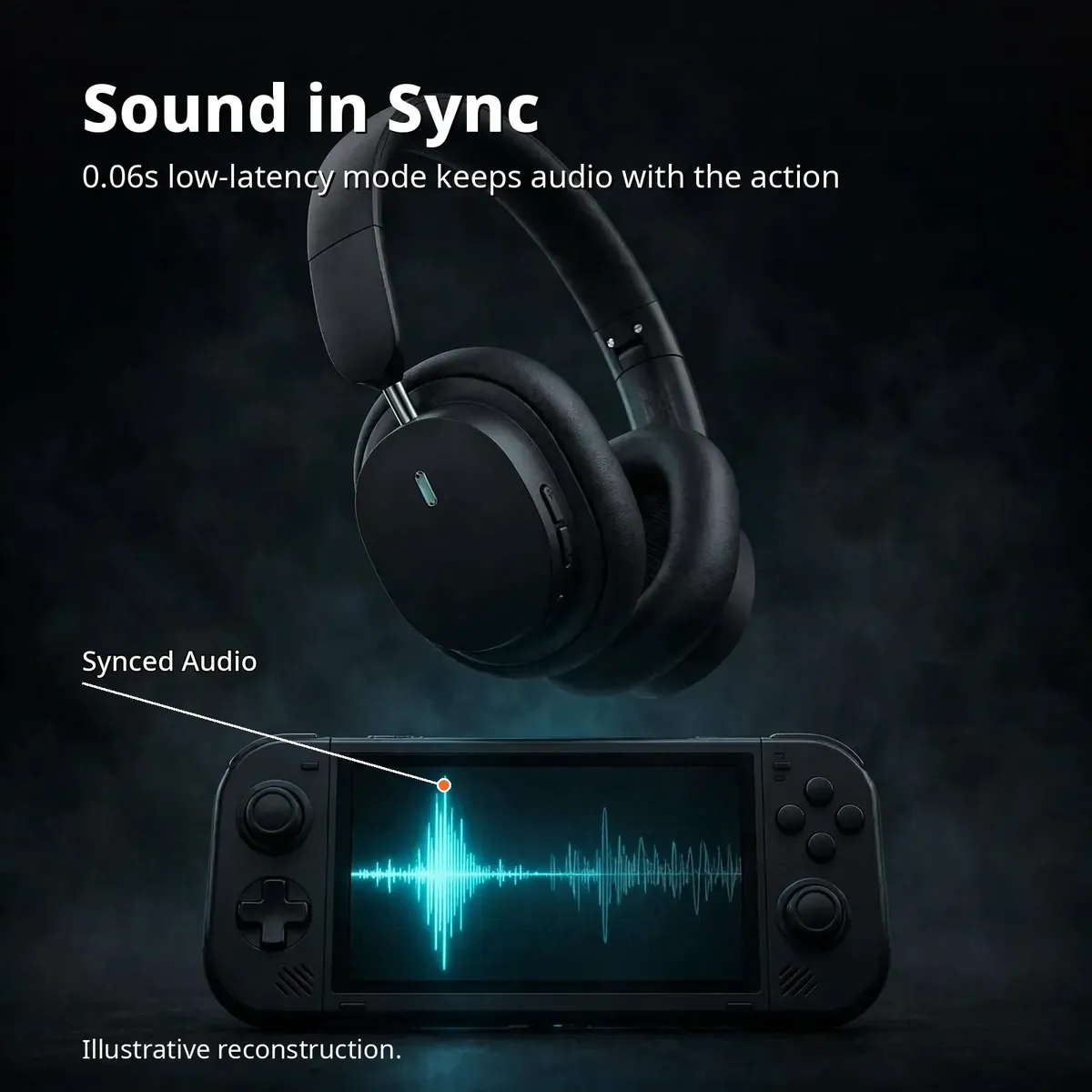 Baseus Bowie D05 latency infographic showing a sound wave hitting a game screen in sync beside a delayed ghost — illustrative reconstruction.