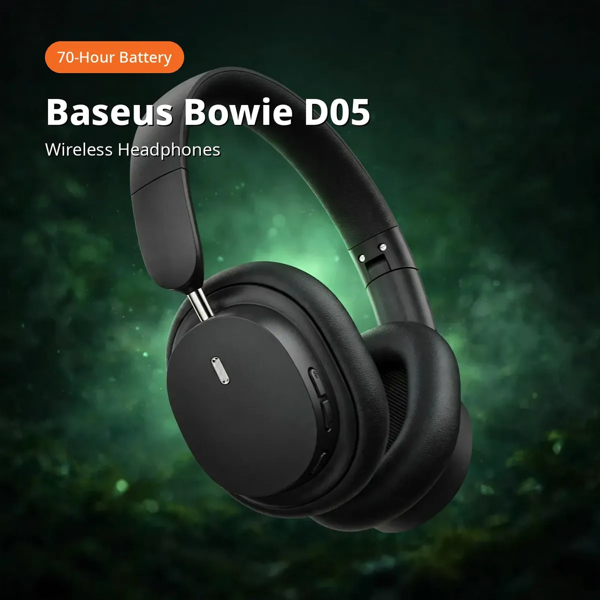 Baseus Bowie D05 promo hero with a 70-Hour Battery chip — Baseus Bowie D05, Wireless Headphones.
