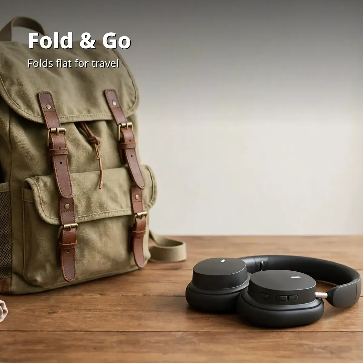 Baseus Bowie D05 folded beside a backpack — Fold & Go. Folds flat for travel.
