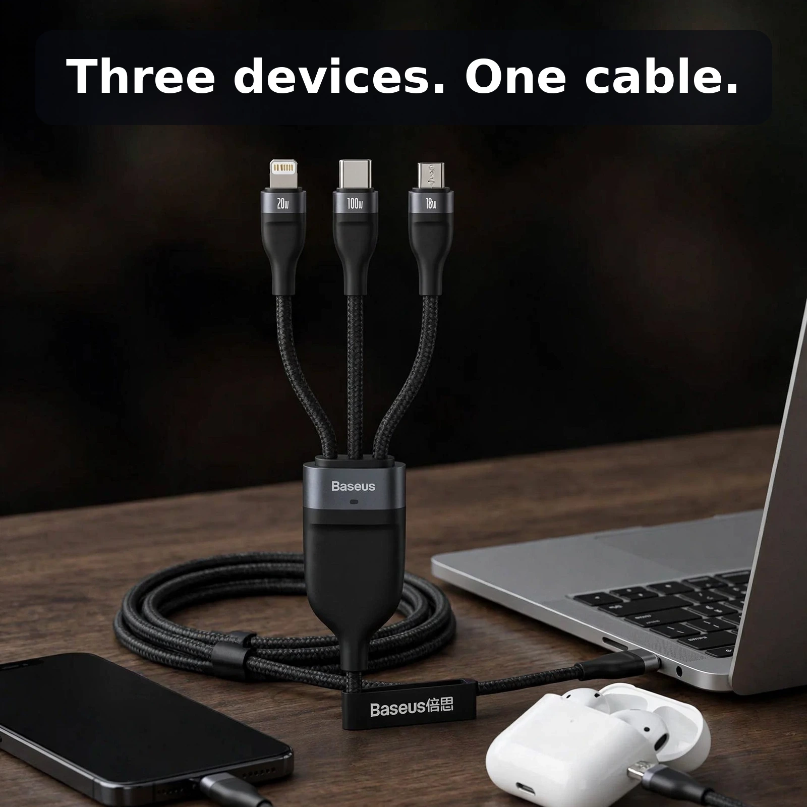 BASEUS-TFT2-01 Baseus Two-for-Three 100W 3-in-1 charging cable black – product photo 01