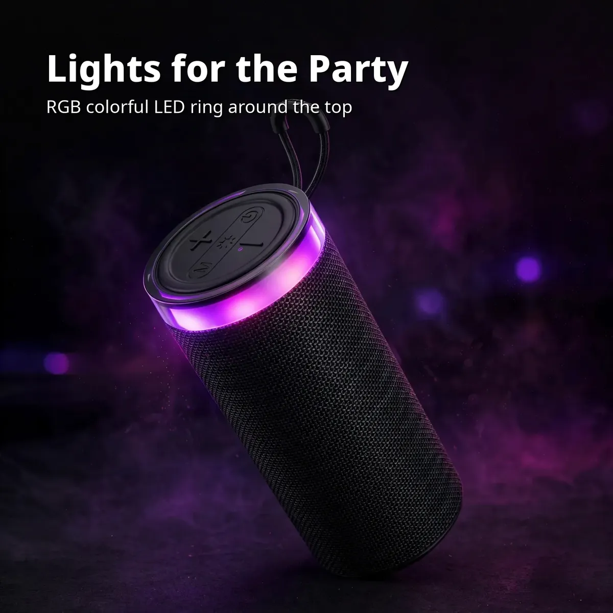 Borofone BR105 RGB card showing the black fabric cylinder with the glowing purple top ring — Lights for the Party on dark studio backdrop