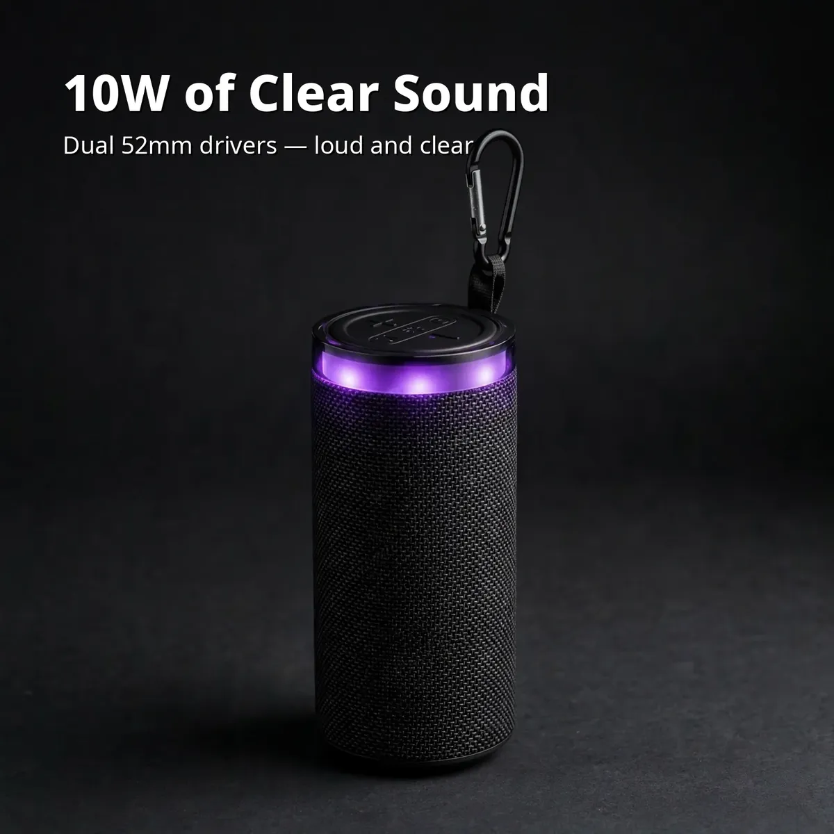 Borofone BR105 sound card showing the black cylinder speaker with glowing top ring — 10W of Clear Sound with dual 52mm drivers