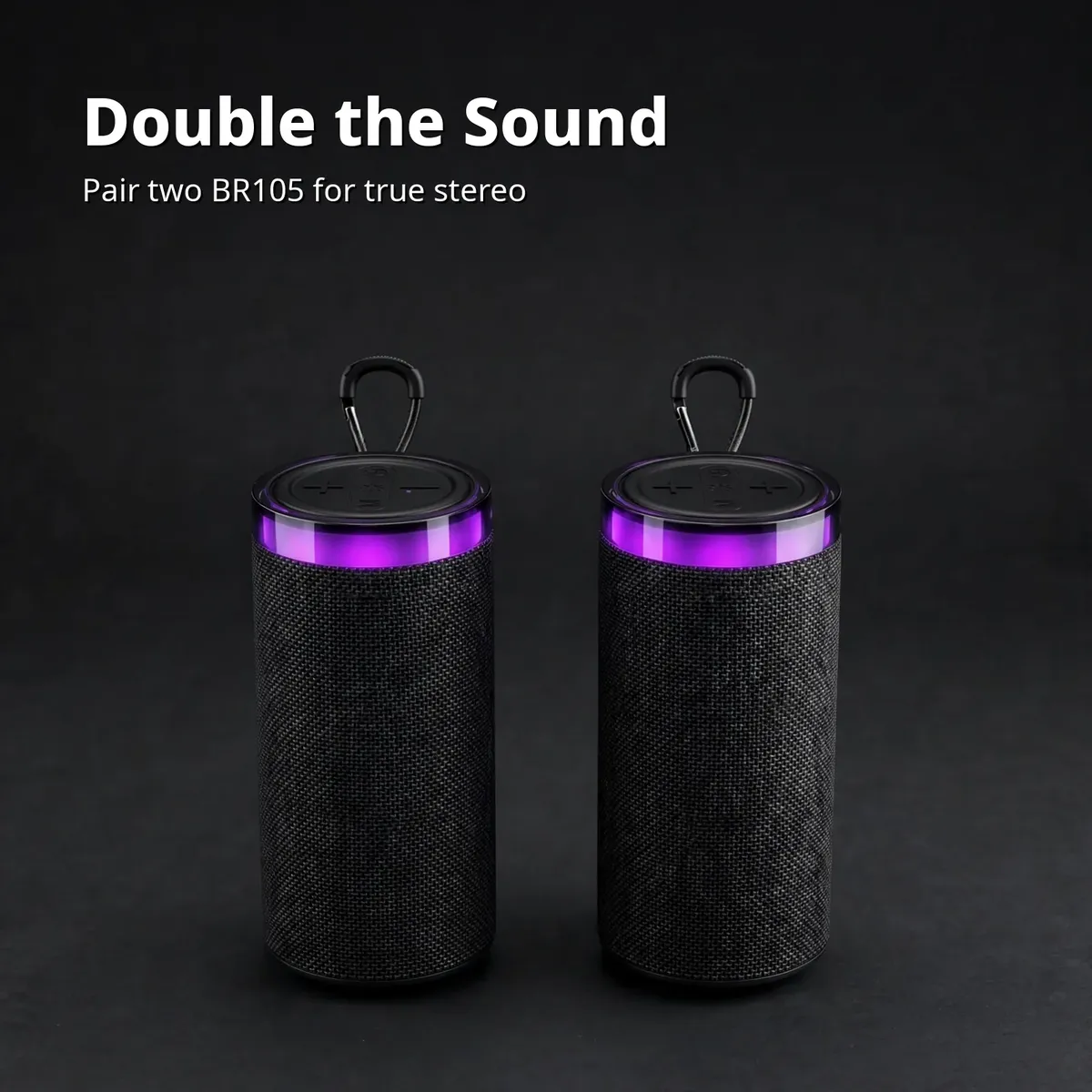 Borofone BR105 TWS card showing two black cylinder speakers side by side — Double the Sound pairing for true stereo