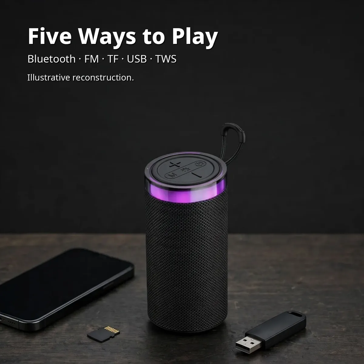 Borofone BR105 five play modes diagram showing the speaker with phone, TF card and USB drive — Bluetooth FM TF USB TWS — illustrative reconstruction