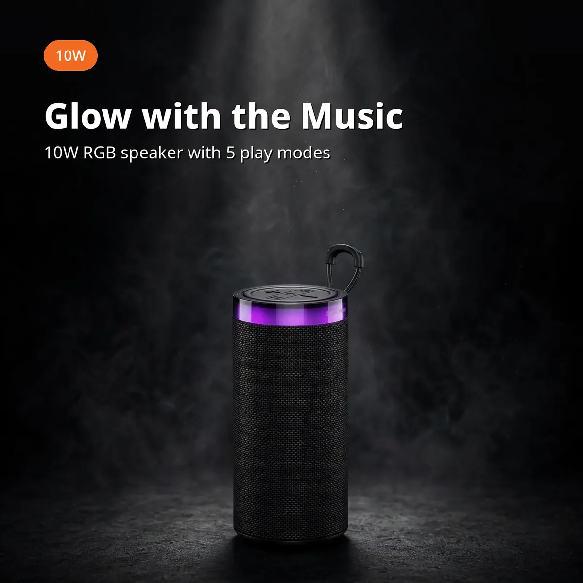 Borofone BR105 hero card showing the black cylinder speaker with glowing purple top ring under a spotlight — Glow with the Music with 5 play modes
