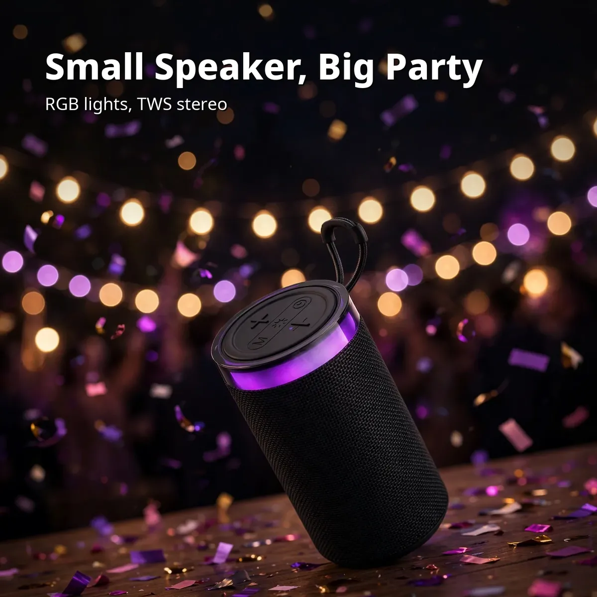 Borofone BR105 party card showing the black cylinder speaker with glowing top ring at a confetti night party — Small Speaker, Big Party with RGB lights and TWS stereo