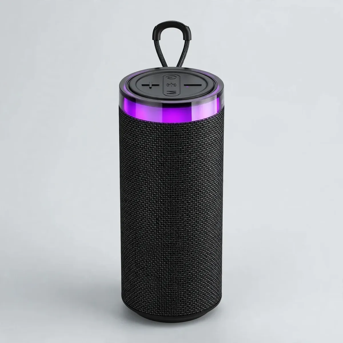 Borofone BR105 front view studio photo showing the tall black fabric cylinder with glowing purple top ring and top control buttons