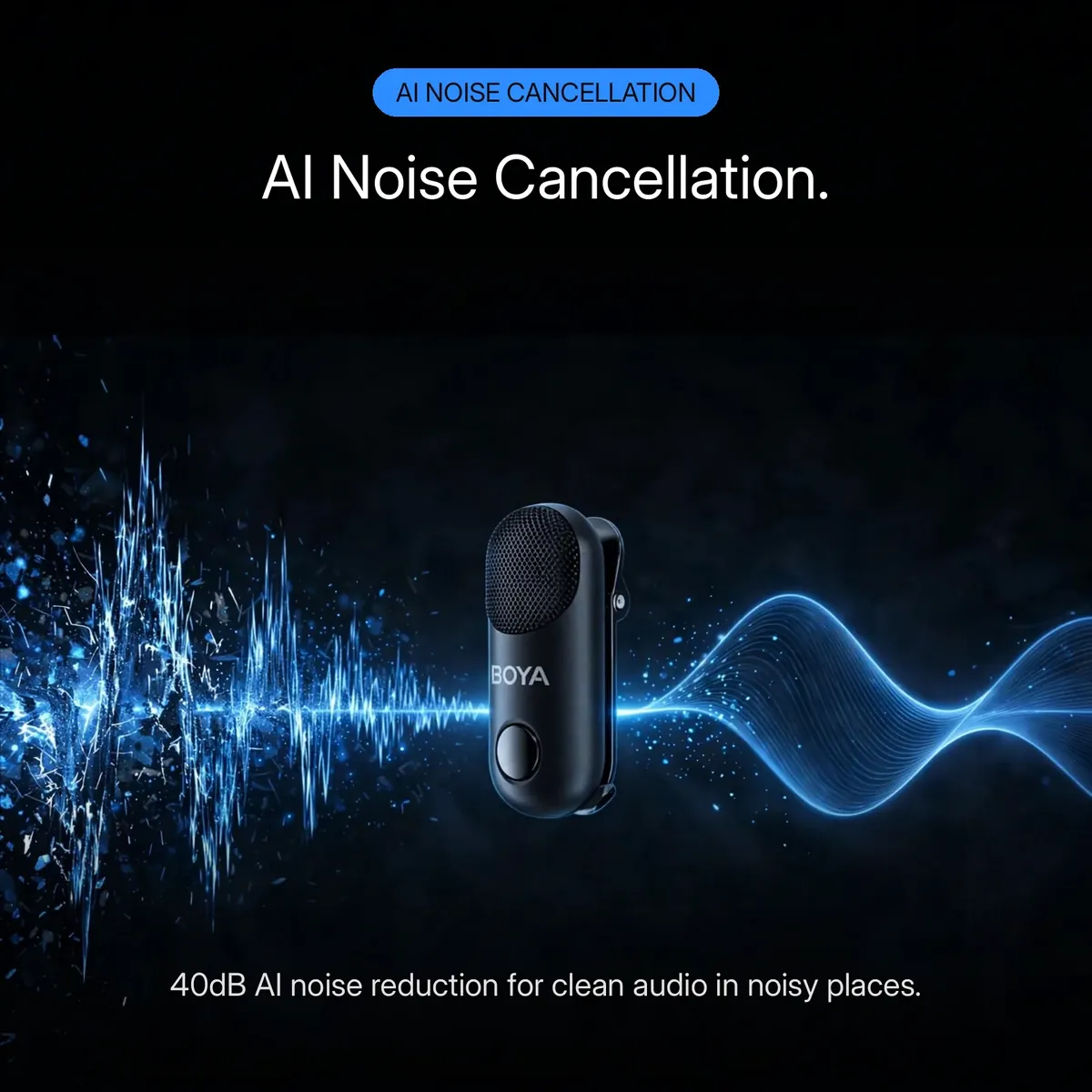 Boya Magic-05 AI noise cancellation card showing the capsule transmitter with a noise-shattering blue waveform — AI Noise Cancellation. 40dB AI noise reduction for clean audio in noisy places.