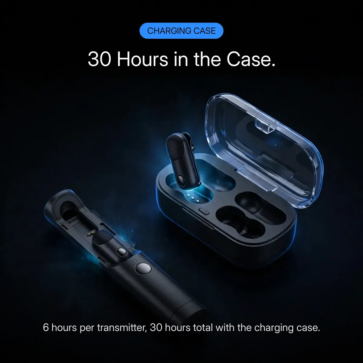 Boya Magic-05 charging case card showing the capsule transmitter docking into the open case with a blue glow — 30 Hours in the Case. 6 hours per transmitter, 30 hours total with the charging case.