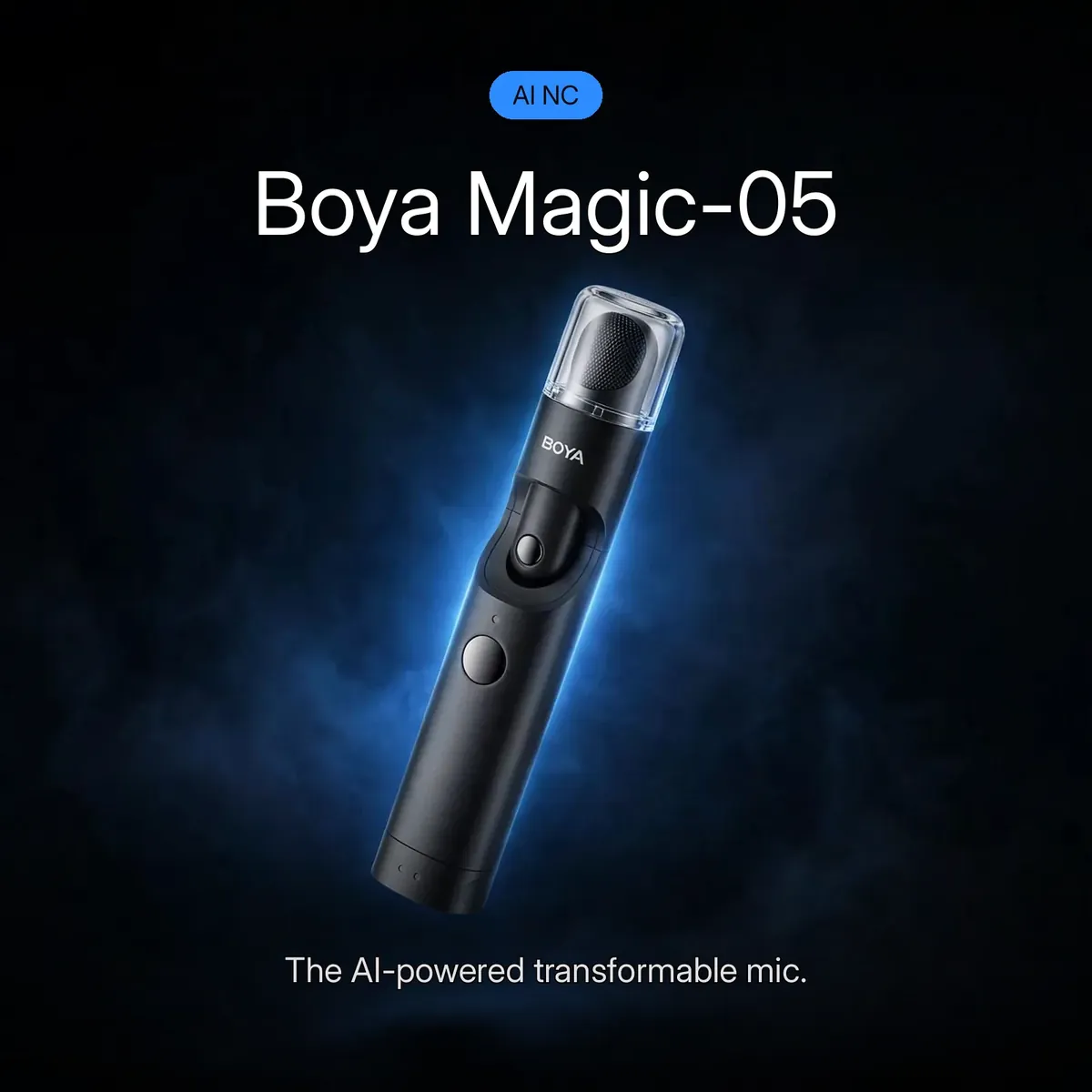 Boya Magic-05 promo hero showing the assembled stick system with the clear windscreen in a blue halo — Boya Magic-05. The AI-powered transformable mic.