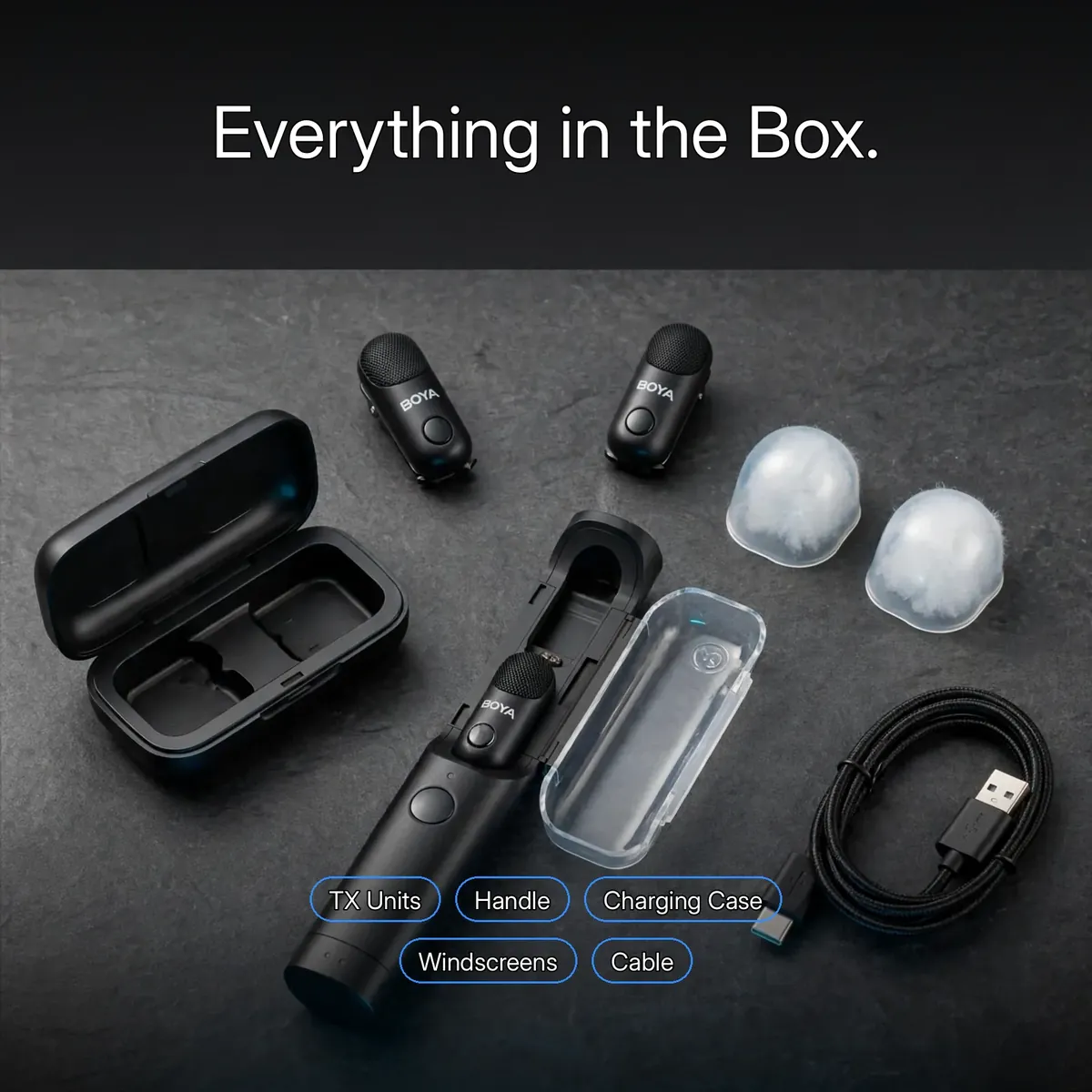 Boya Magic-05 flat-lay showing two transmitters, the docking handle, charging case, clear and fur windscreens, and the charging cable — Everything in the Box.